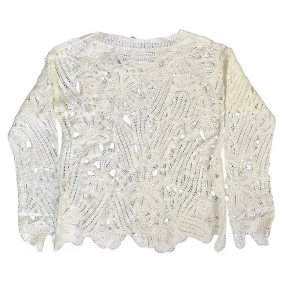 WD·NY Ivory Openwork Crochet Sweater Scalloped Hem Boho Romantic M Holiday Gift - Picture 7 of 11
